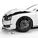 White vehicle showing front-end panel damage.
